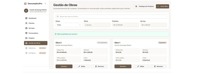 Tela de Gestão de Obras do DescomplicaPro