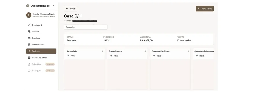 Board de projetos do DescomplicaPro com colunas por status